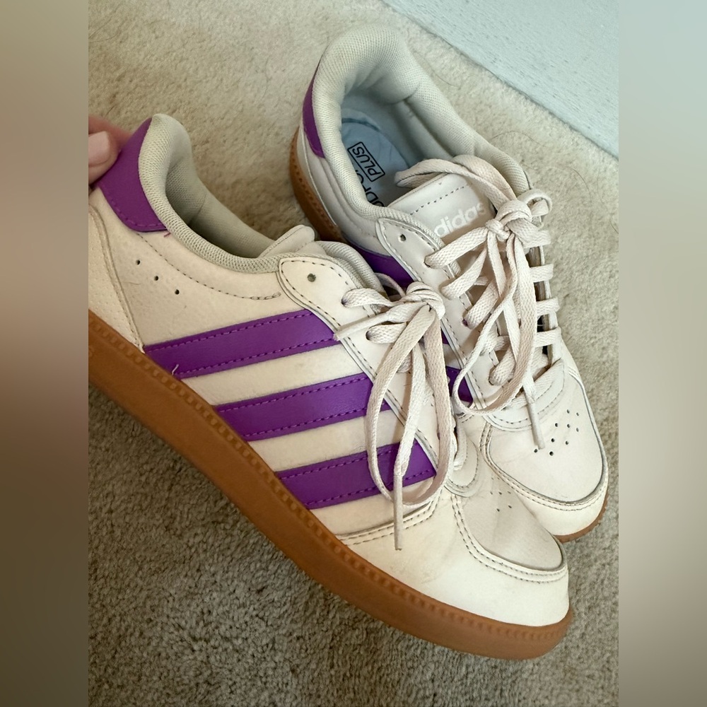 Adidas Cream and Purple Striped Sneakers